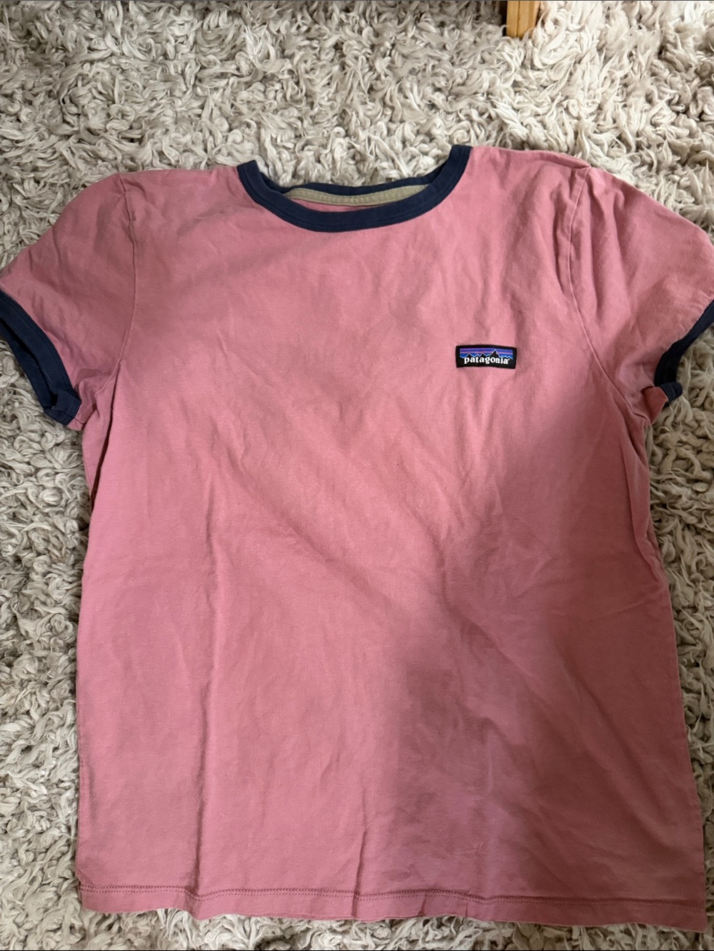 Patagonia women’s Short-Sleeve Ringer Tee in Dusty Rose with Navy Trim